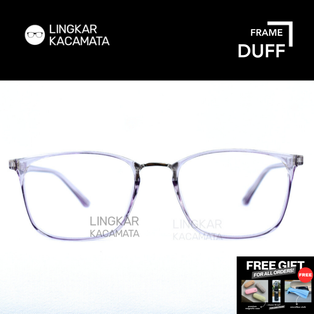 Kacamata DUFF Ungu Bening Minus Anti Radiasi Wanita Pria Photochromic Anti Bluray Frame Kotak Plasti