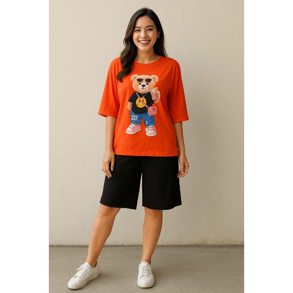 Setelan Kaos Oversize Wanita Motif Bear + Celana Pendek Hitam | One Set kaos celana wanita oversize