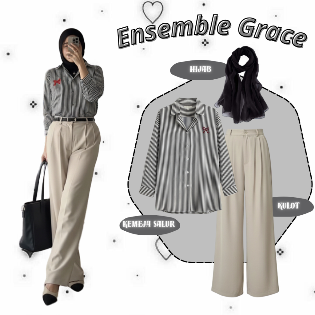 One Set Wanita Hijab ( Kemeja Salur + Celana Kulot ) Casual Style Ootd Wanita Kekinian Remaja