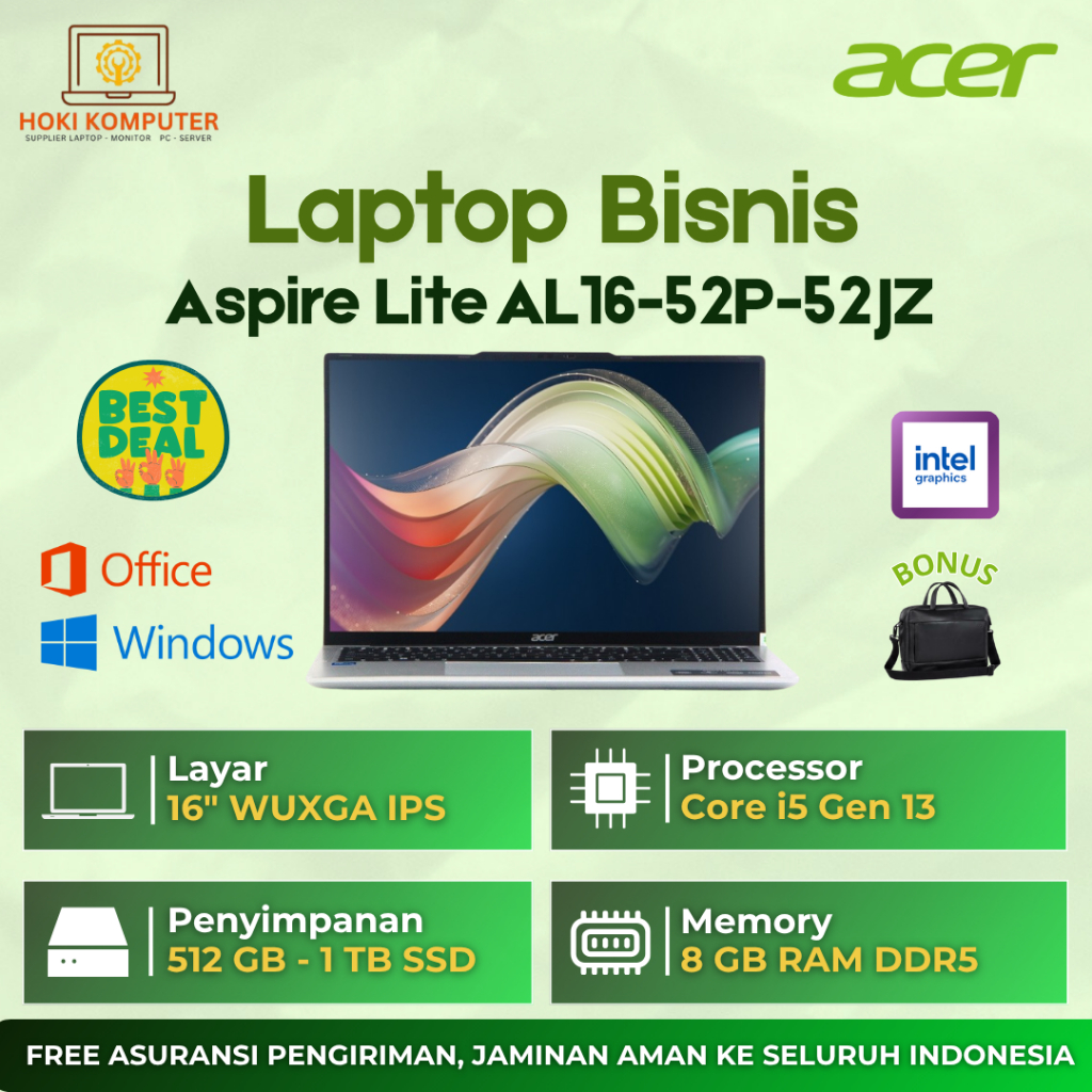 TERBARU Laptop Acer Aspire Lite 16 - 52JZ Core i5 - 1334U Ram 8GB SSD 1TB 16" IPS - Laptop bisnis
