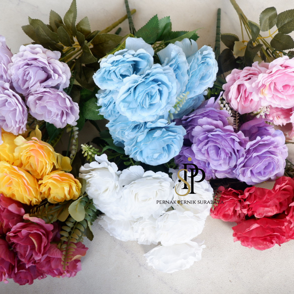 PPS - MAWAR EROPA X9 9 KEPALA BUNGA PALSU MAWAR ROSE ARTIFICIAL FLOWER DEKORASI MEJA TABLE DECORATIO