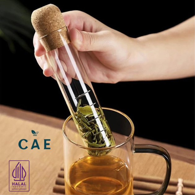 Tea Infuser Glass Tube Strainer - Saringan Teh Kaca Cork Lid Tabung