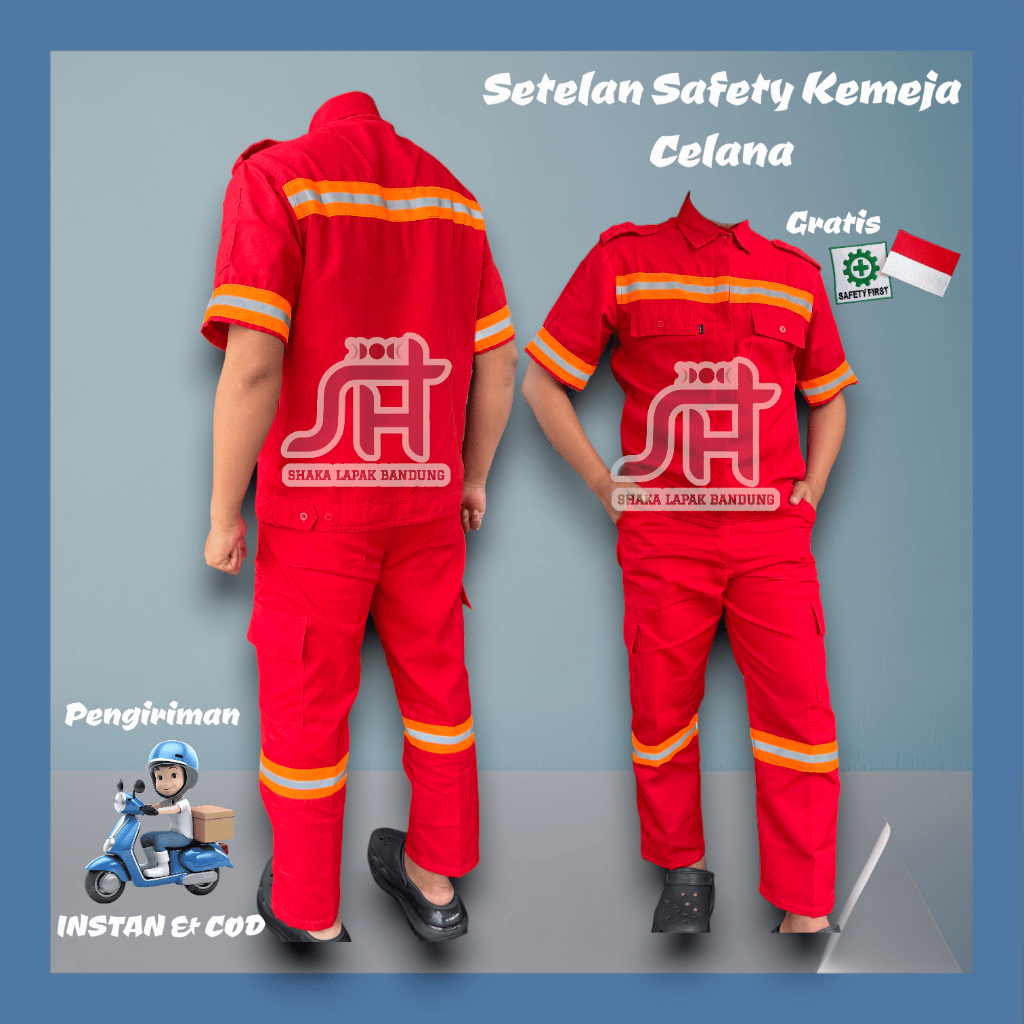 Setelan Kemeja Safety Pendek Skotlet Oren / Baju Safety Lengan Pendek / Baju Proyek Lengan Pendek / 
