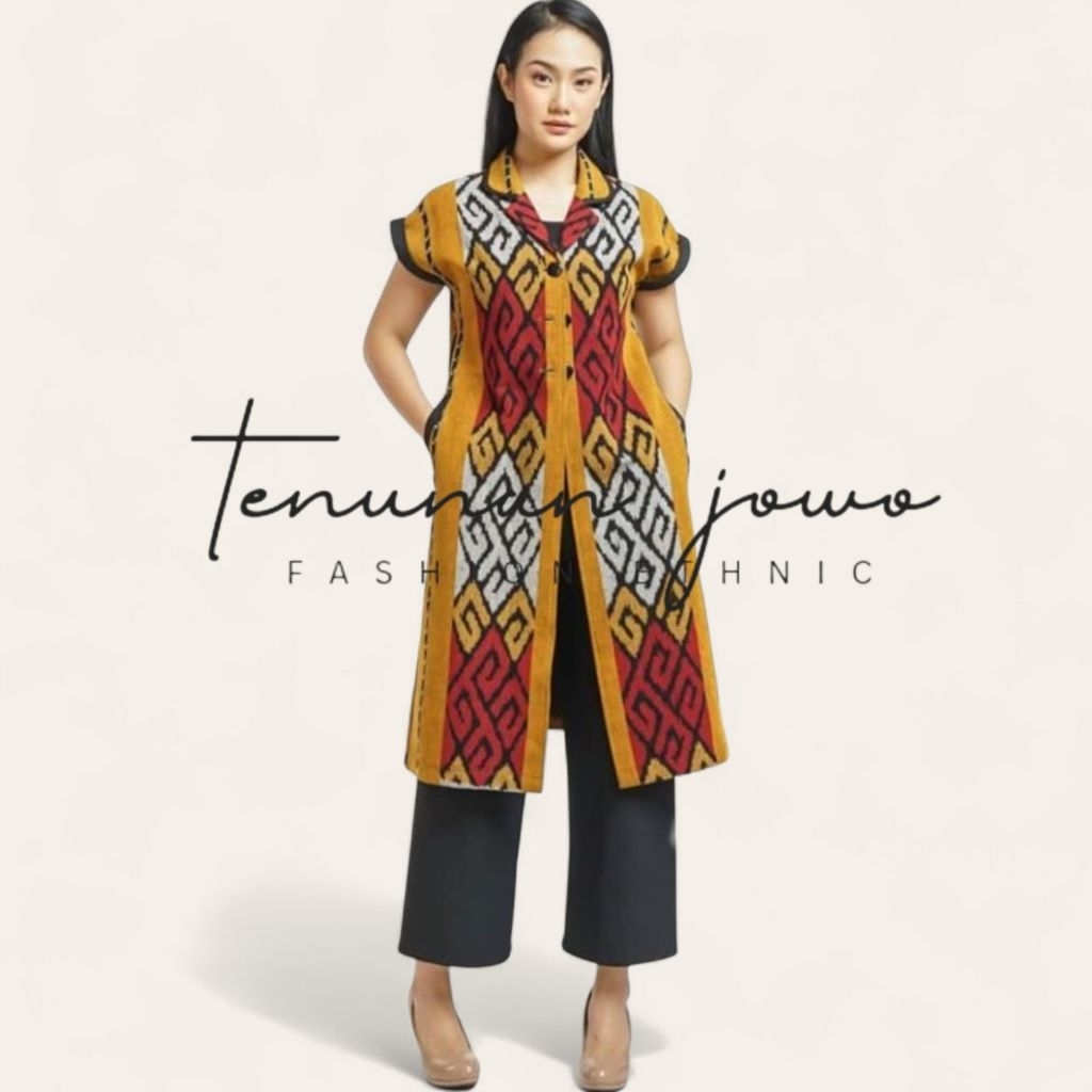 Outer Tenun Wanita Dewasa Kerah Jas Lengan Pendek Kancing Depan