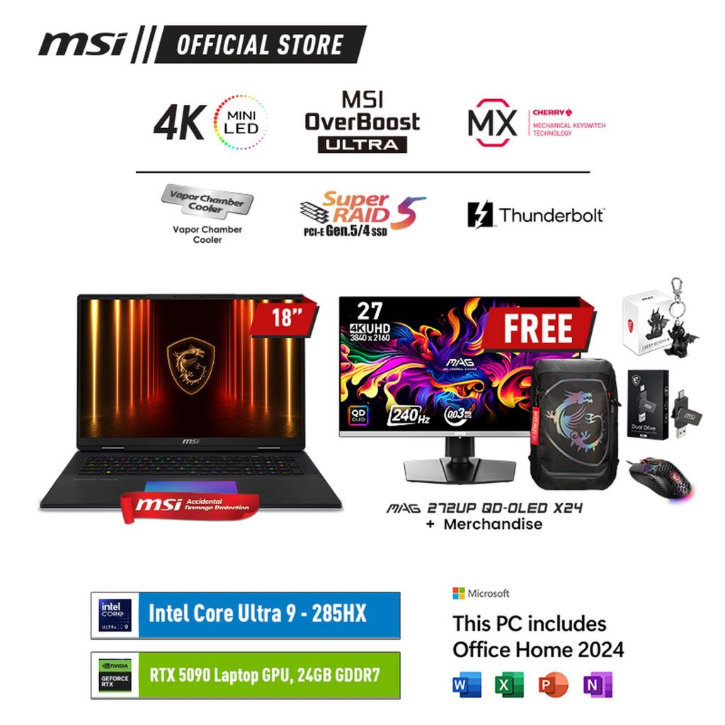 LAPTOP GAMING MSI TITAN 18HX A2XWJG AI ULTRA 9-285HX RTX5090 64GB 6TB 18.0UHD+ MINILED 120HZ W11 OHS