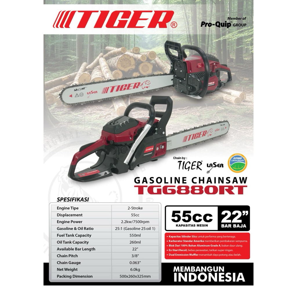 Mesin Senso 22 inch Bar Baja Merk TIGER ORIGINAL TG6800 / Mesin Chainsaw TIGER 22 inch Bar Baja  / M