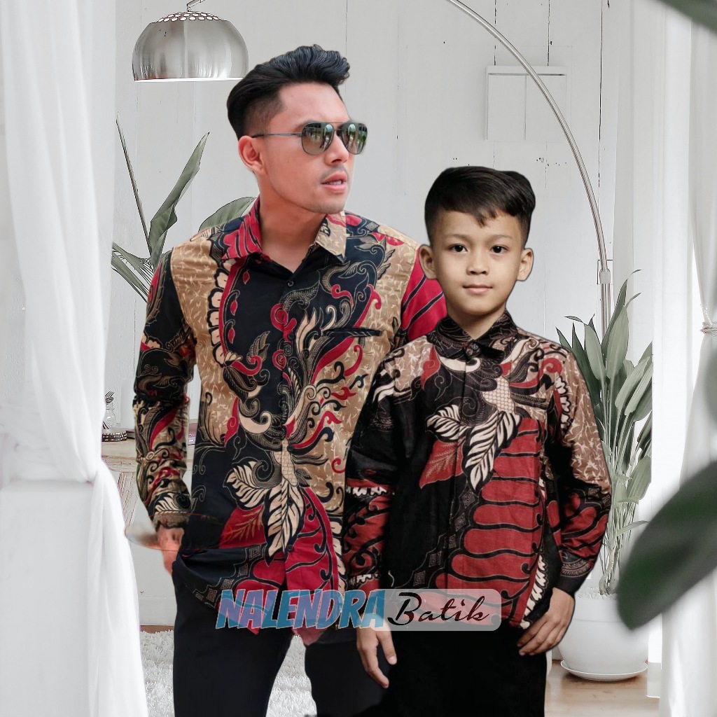 NLNDR Couple Batik Ayah dan Anak Laki laki || Kemeja Batik Pria dan Anak Modern Terbaru Merah Maroon