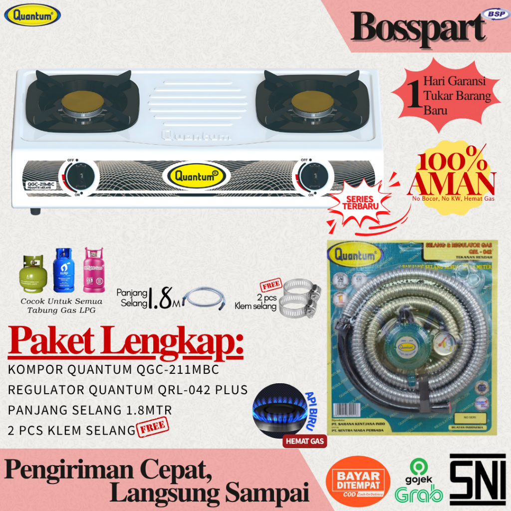 Paket Kompor QUANTUM 2 tungku QGC 211MBC / QGC-211MBC / Bonus Selang Regulator QUANTUM