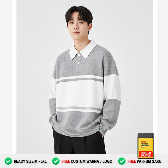 Sweater kerah Pria wanita Kekinian GREY PUTIH – Polo Crewneck oversize strip tengah - Sweater Lengan