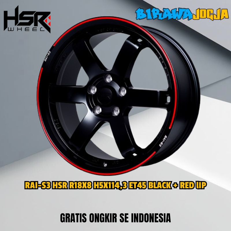 VELG MOBIL RACING HSR RAI S3 RING 18 BLACK COCOK UNTUK XPANDER, CAMRY, ACCORD PELEK R18 LIS MERAH