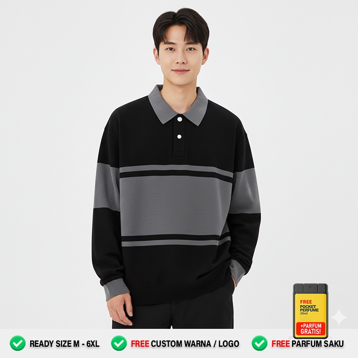 Sweater kerah Pria wanita Kekinian HITAM ABU TUA – Polo Crewneck oversize strip tengah - Sweater Len