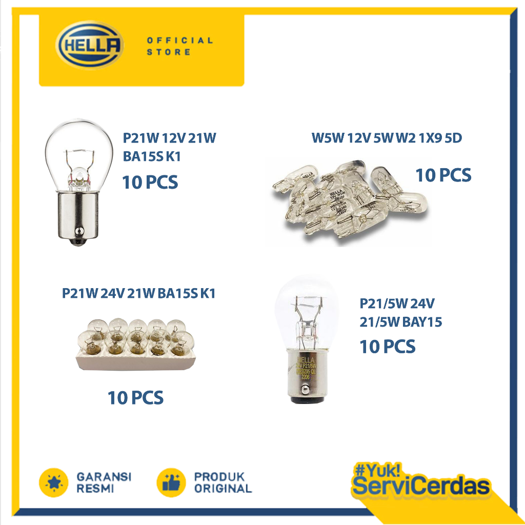 Paket Bohlam Mini Halogen Hella P21/5W 24V, P21W 24V 21W, P21W 12V 21W, W5W 12V 5W - Lampu Mobil