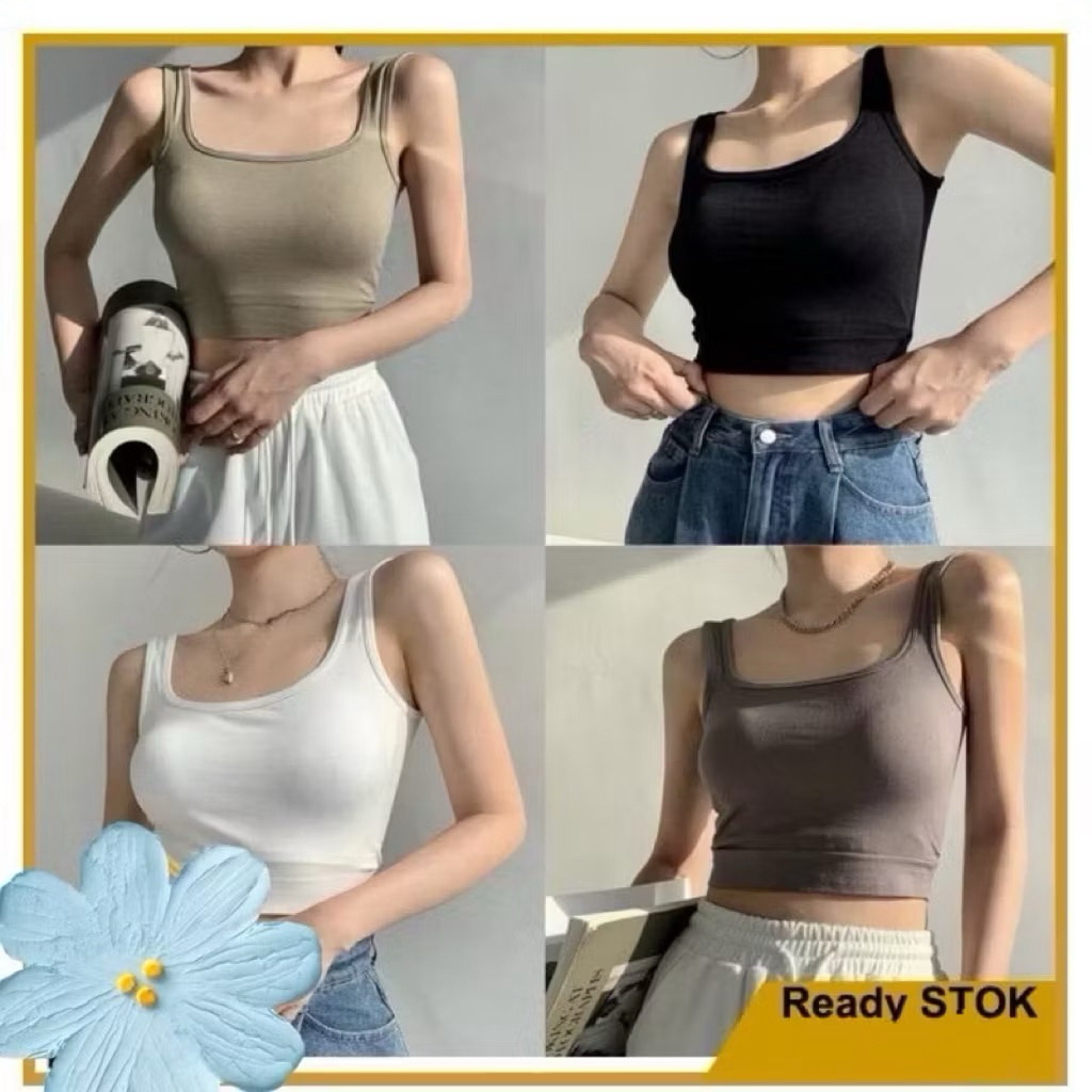 Tanktop Crop Square - Crop Square Tank Top Basic Double Layer Jersey Korean Style