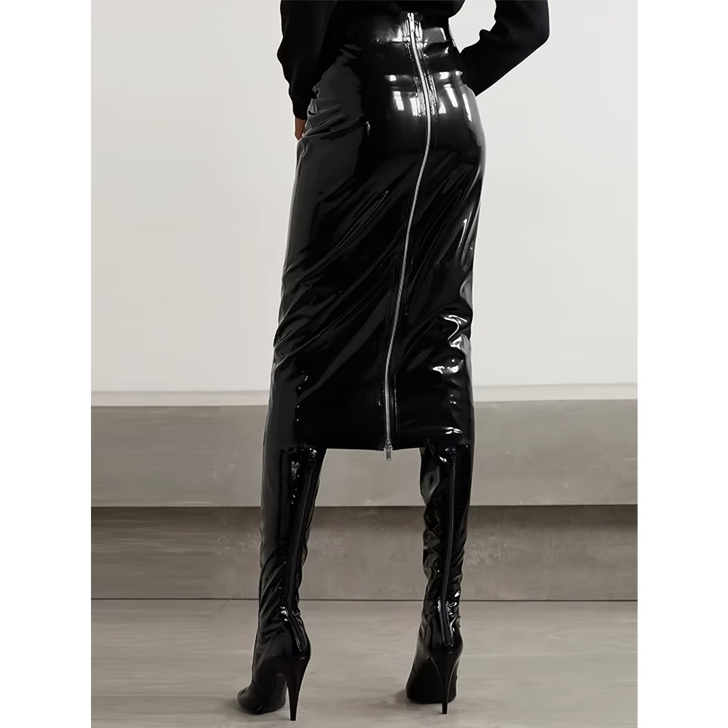 Women's ins leather skirt, mirror PU leather long midi skirt, elegant pencil skirt