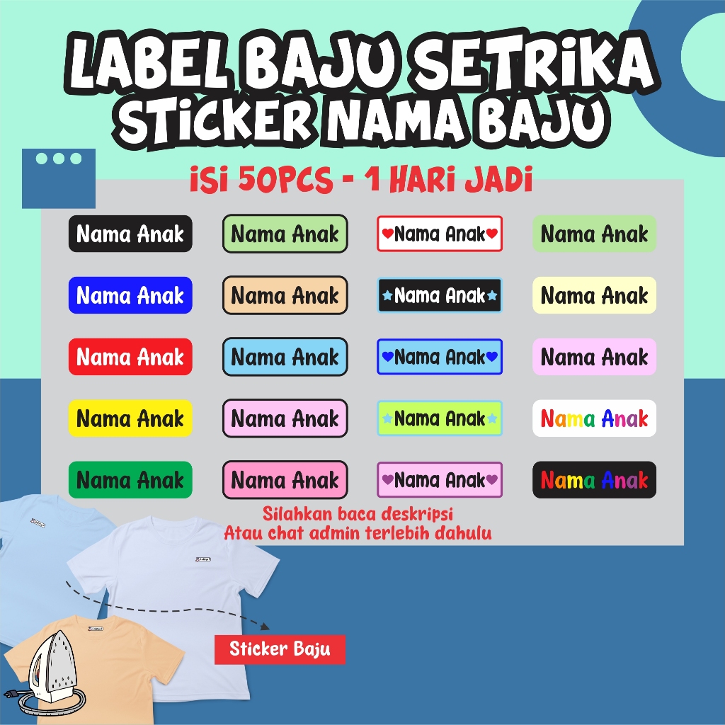 Sticker Baju - label baju setrika - label nama setrika - Label nama anak - Sticker kain