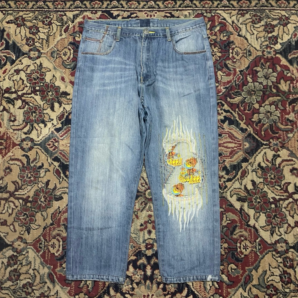 Y2K Miskeen Skull Flame Jeans Biru Size 38 W47 L98 LPaha35 OL20 Lingkar Pinggang 94 cm Panjang 98 cm