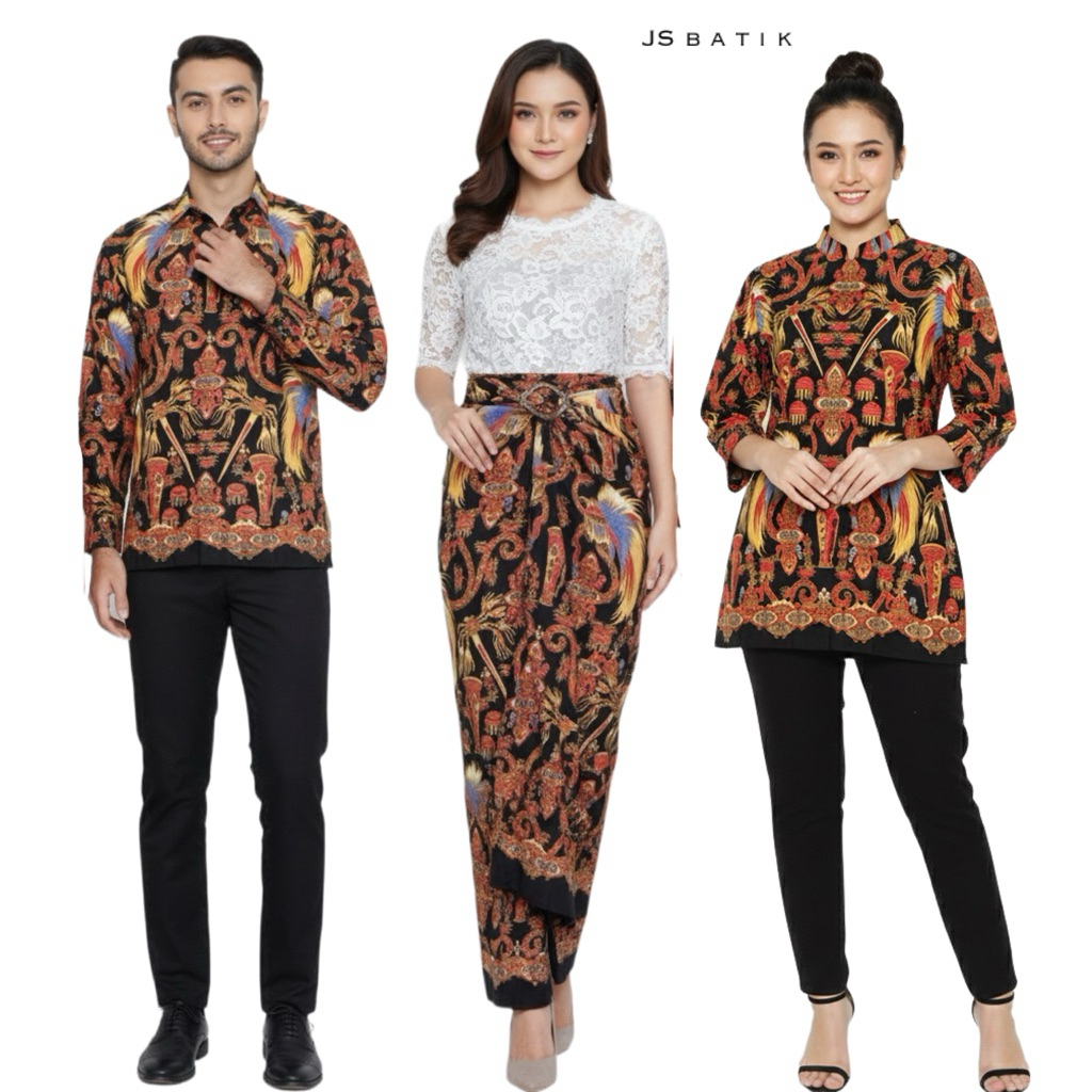 JSBATIK Setelan Batik Couple Pria Wanita Seragam Couple Motif Papua Cendrawasih (HITAM)