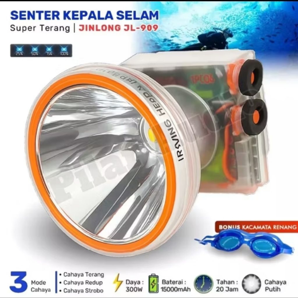 jinlong jl-909 senter kepala menyelam jinlong 300watt cahaya putih + adaptor cass tripod dan kacamat