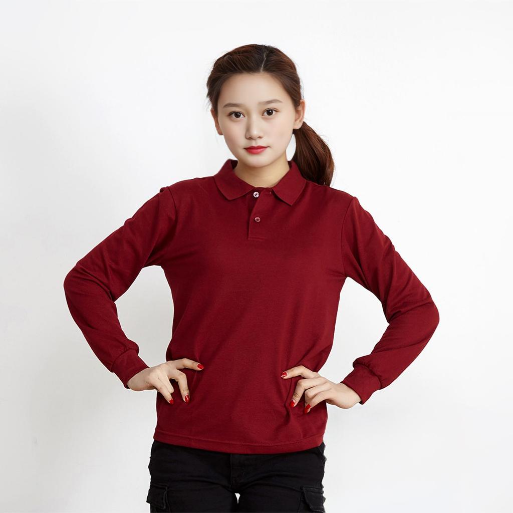 UPSIDE - Kaos Polo Shirt Lengan Panjang | Baju Kerah Polos Wanita Reguler Fit | Merah Bata Maroon