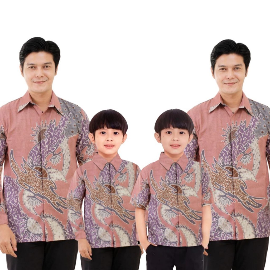 Batik Pink Peach Salem Batik Ayah dan Anak Laki Laki Kemeja Batik Anak Cowok Motif Mentari
