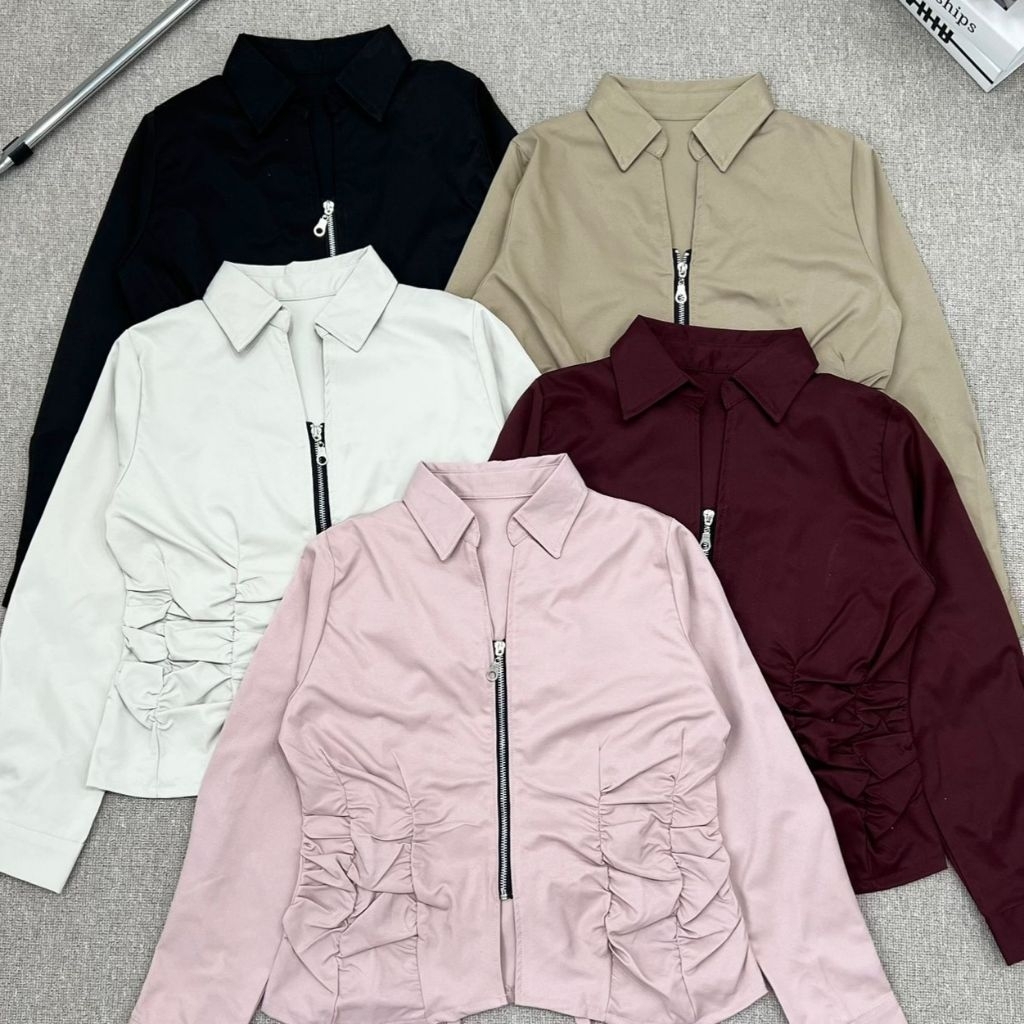 Outer Kemeja Resleting Wanita Polos Lengan Panjang Aethetic