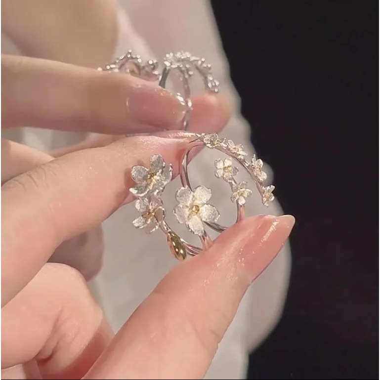 Cincin bunga tiga dimensi wanita bunga iris cincin gaya Prancis vintage bunga kamelia