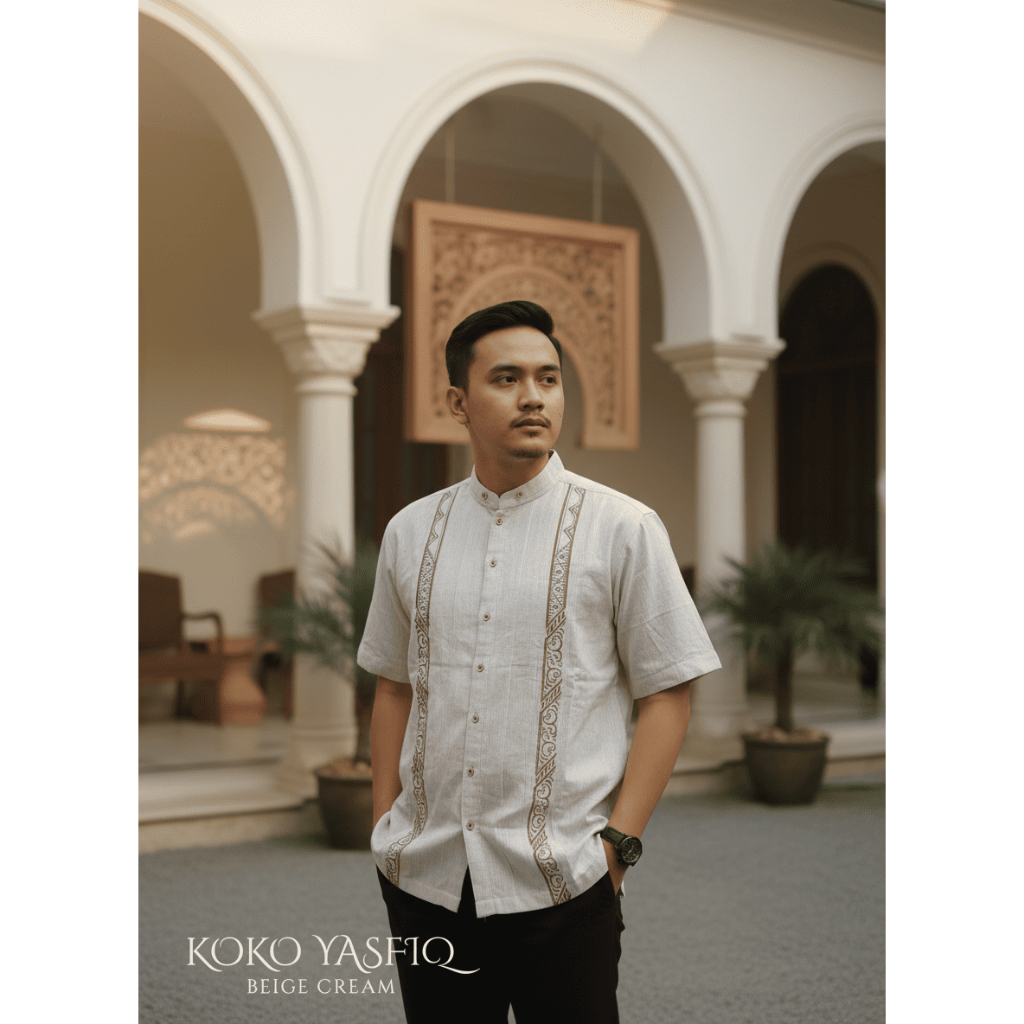 KUN FAYAKUN Baju Koko Yasfiq Beige Cream Lengan Pendek Motif Bordir Kombinasi Warna Bahan Katun