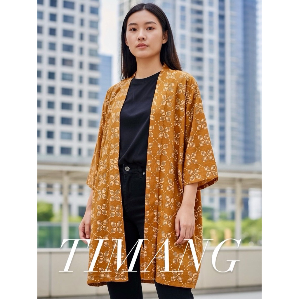 Timang Outer Cardigan Bolero Vest Batik Wanita Modern Warna Kuning Kunyit Panjang 95cm Allsize Ld 11