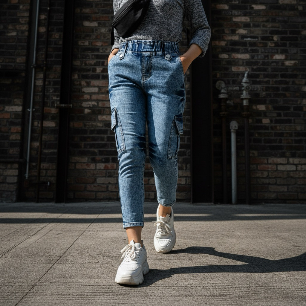 Celana Jeans Wanita 7/9 Cargo Mid Waist Bawah Lipat – Stylish & Nyaman Dipakai