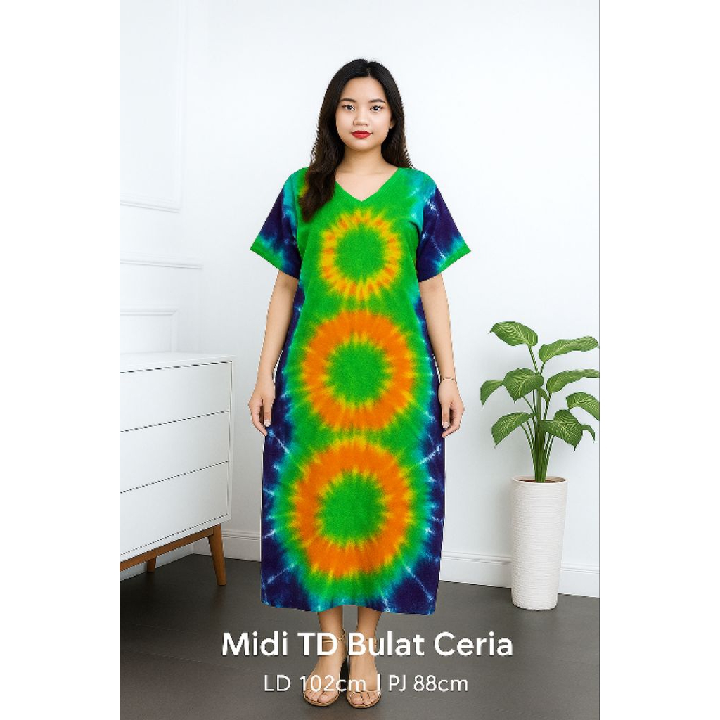 Daster Midi Tie Dye Pelangi – Motif Garis & Bulat Ceria | Baju Tidur Wanita Adem Nyaman