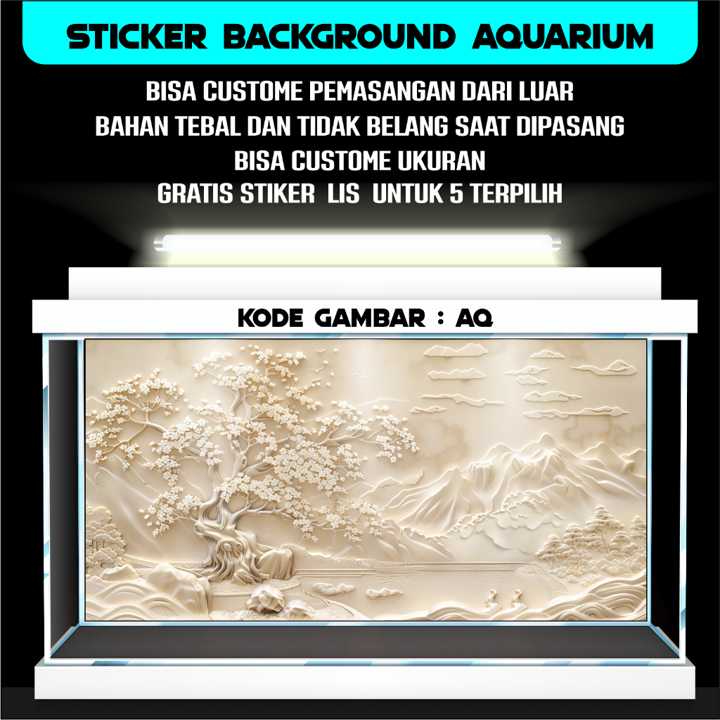 sticker wallpaper background aquarium belakang tema gambar pegunungan style putih keren new AQ2