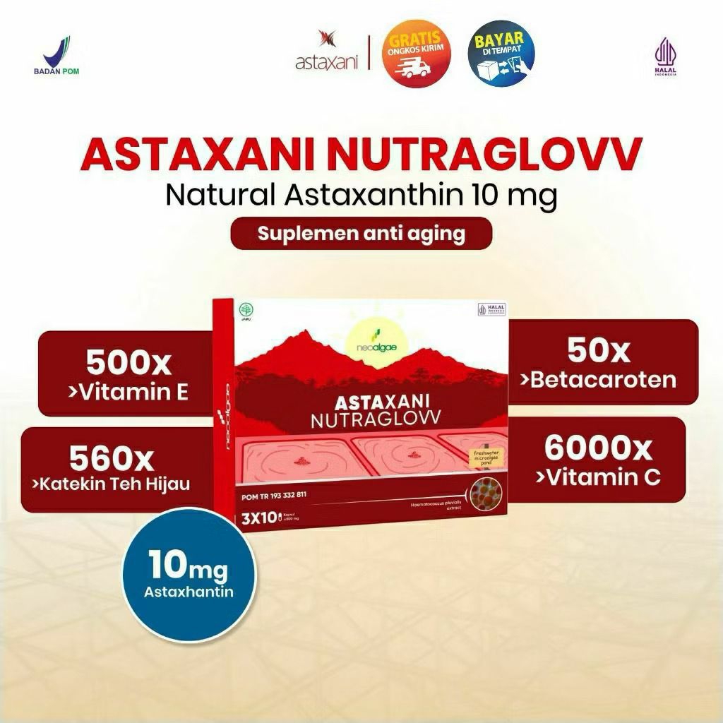 Suplemen Kecantikan Astaxani Nutraglow - Natural Astaxanthin 10 mg - Nutrisi Alami Mencerahkan Memud