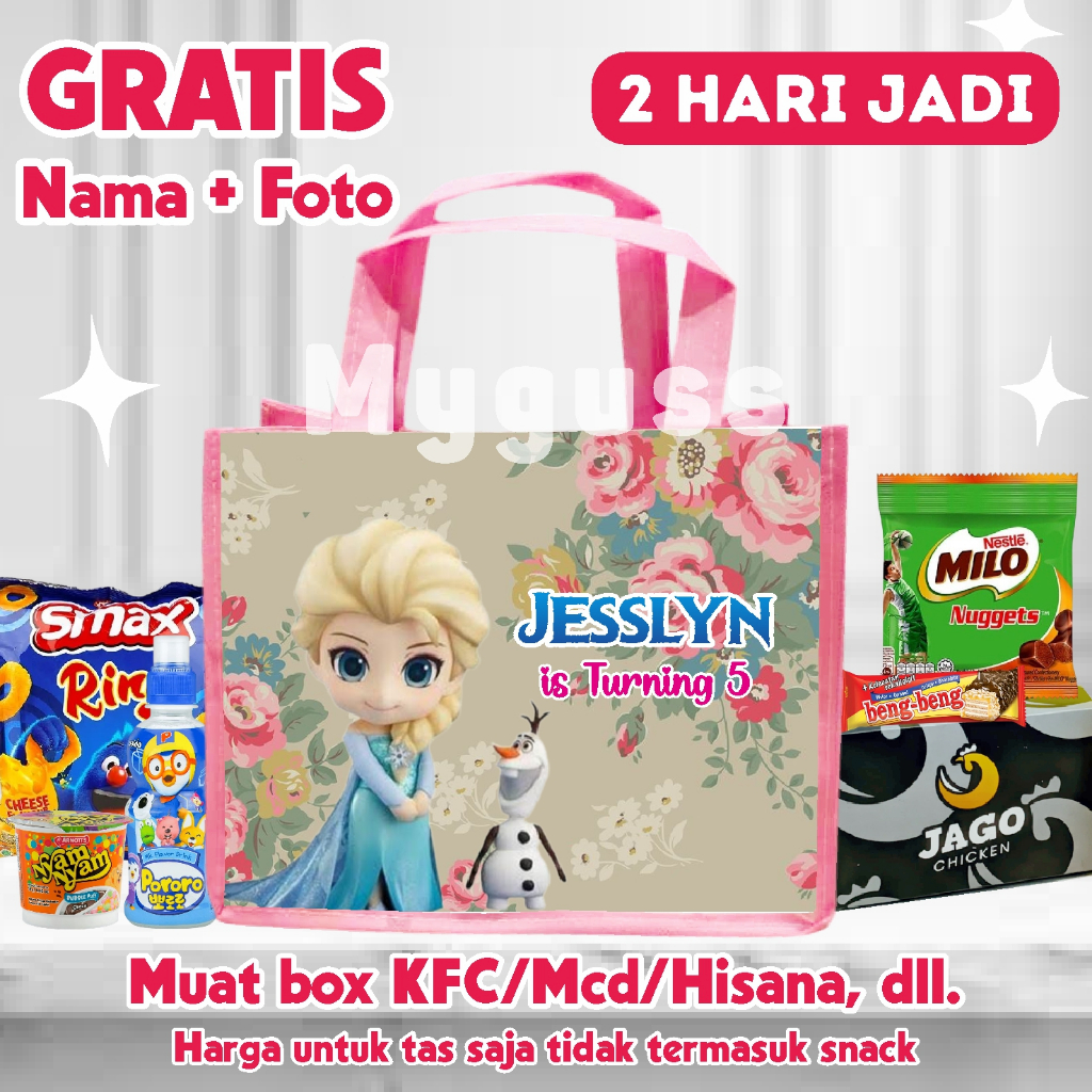 Tas Ultah Anak Free Nama Umur Foto||Goodie Bag Spunbond||Tas Custom Ulang Tahun Anak Tema Frozen