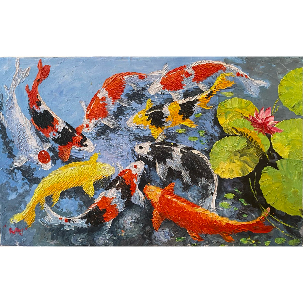 Lukisan Ikan Koi, Ikan Koi bertekstur, lukisan canvas asli buatan tangan