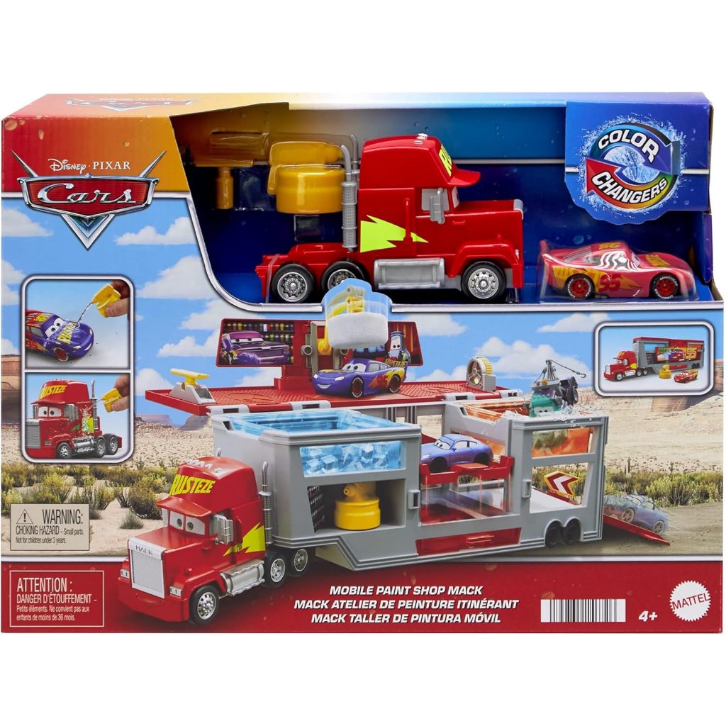 MATTEL DISNEY AND PIXAR CARS TRANSFORMING TRUCK & TOY CAR PLAYSET, COLOR CHANGERS PAINT SHOP MACK