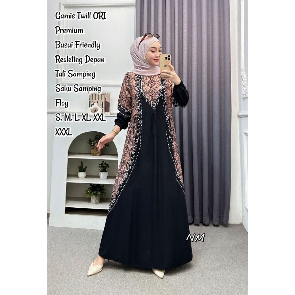 Gamis twill oryl/Gamis twill ori Pekalongan/gamis twill busui kancing/resleting depan motif baru