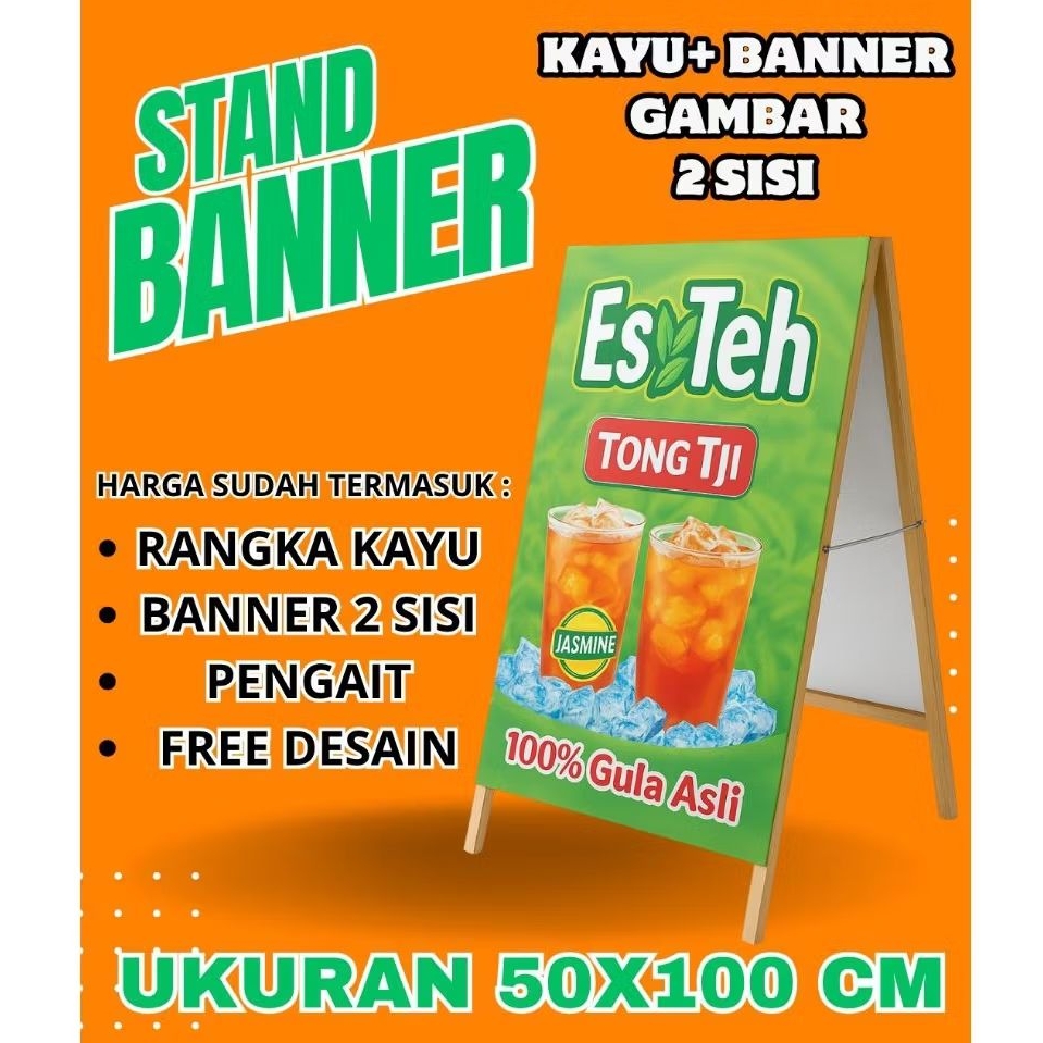 PROMO STAND BANNER KAYU 50X100 CM, FREE DESAIN/GAMBAR BOLAK BALIK