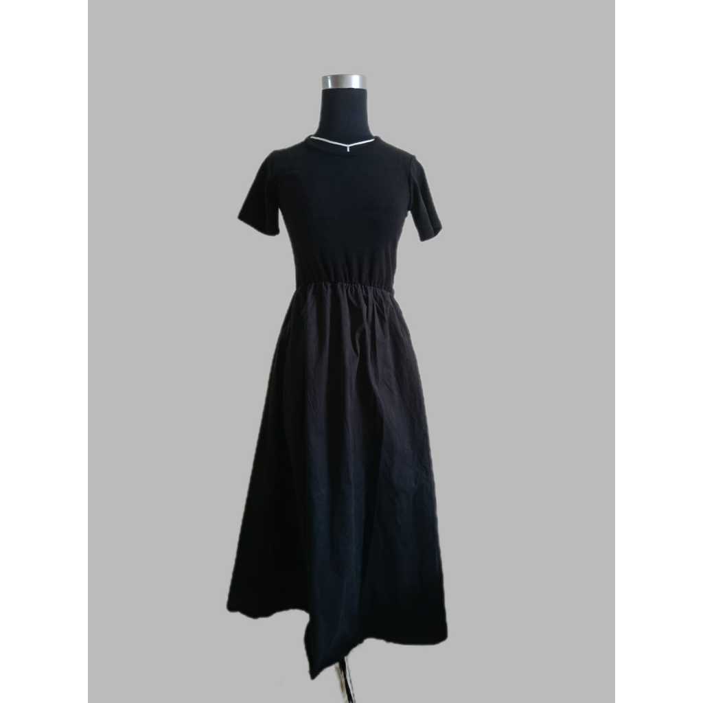 T-Blosom Gaun Hitam Pendek Lengan Pendek dan bernapas Gaun balon strap Gaun panjang elegan