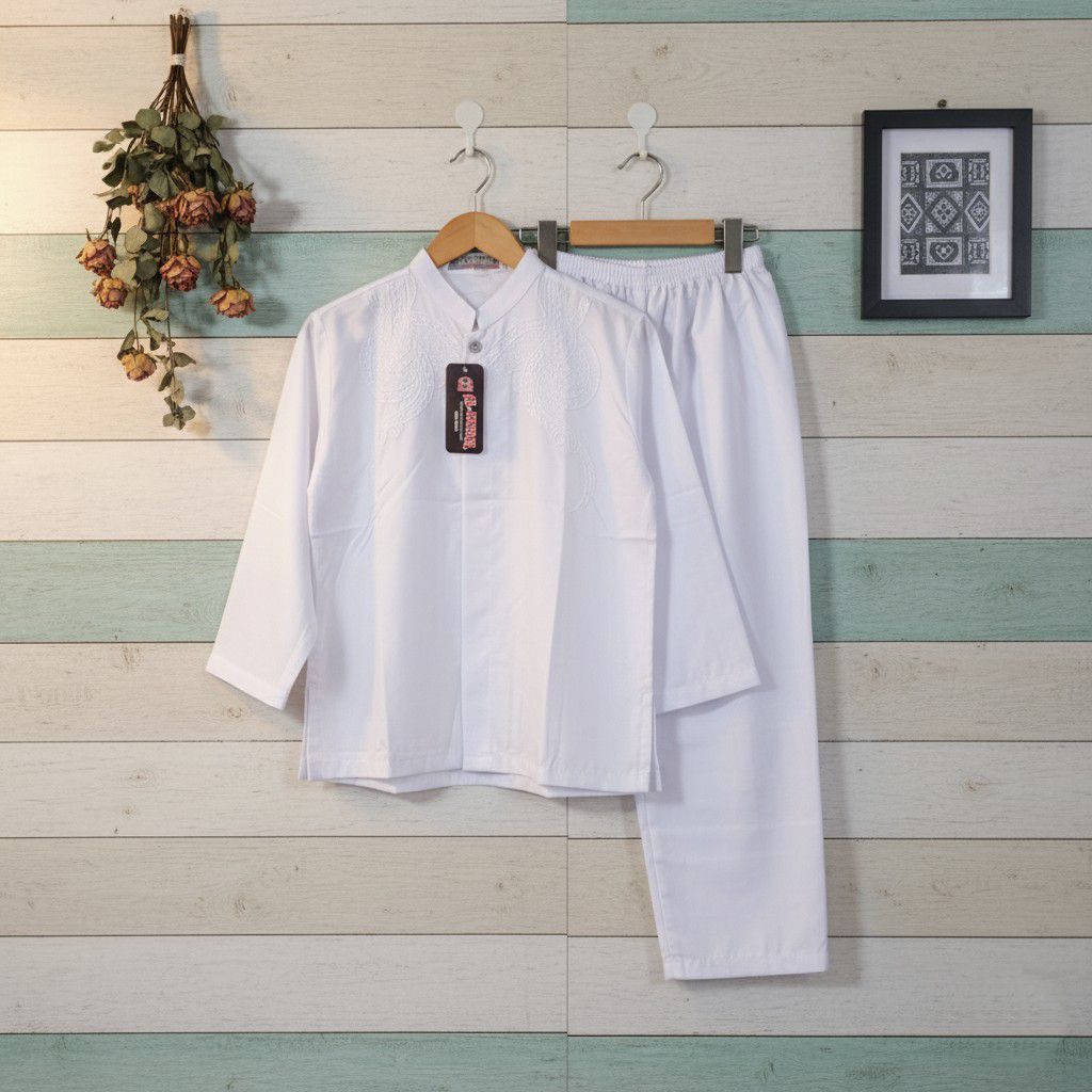 SETELAN BAJU KOKO ANAK PUTIH PANJANG BAHAN KATUN BAJU MANASIK MAULID ANAK SEKOLAH MENGAJI BORDIR BAG