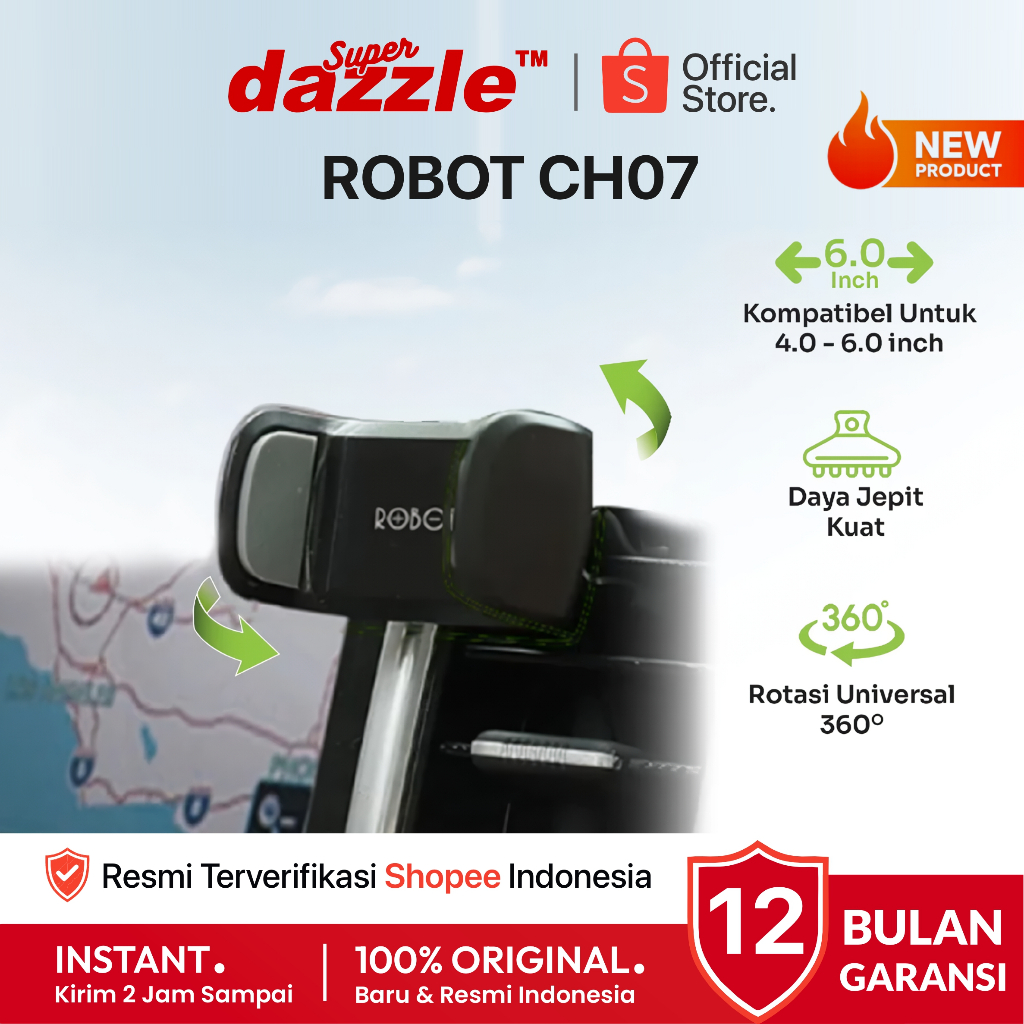 ROBOT CH07 Car Holder 360° Dudukan HP Dashboard Mobil AC Jepit Silicon Strong Handphone Ori