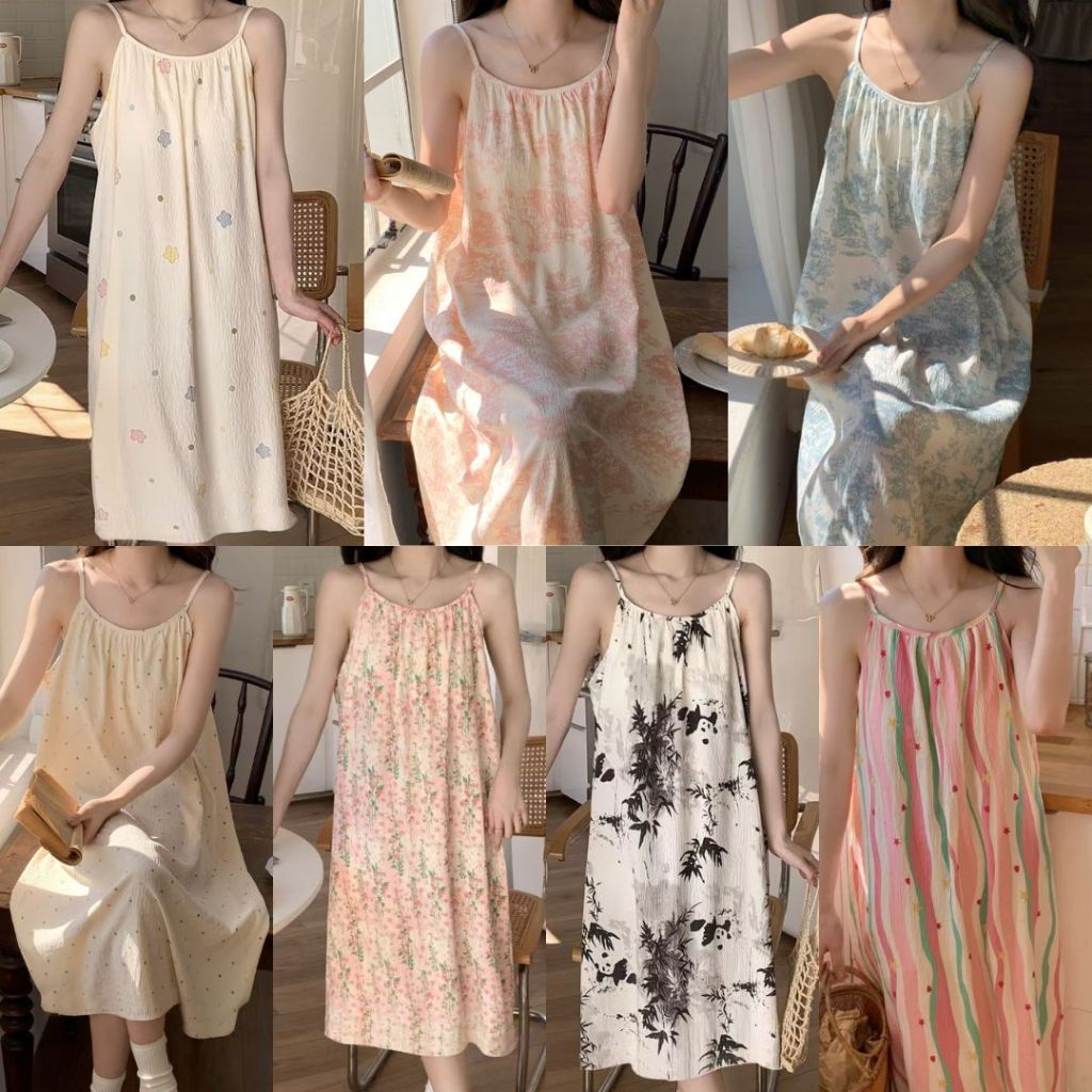 Raewon Dress Daster Tidur Aesthetic Tanpa Lengan Piyama Korea Motif Wanita Sleeveless Nightdress