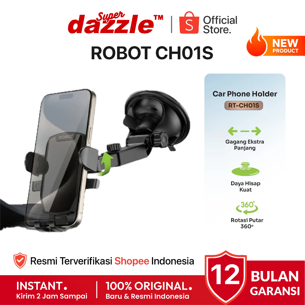 ROBOT RT-CH01S Car Holder Universal 360° Dudukan HP Dashboard Mobil Strong Ori Handphone Original