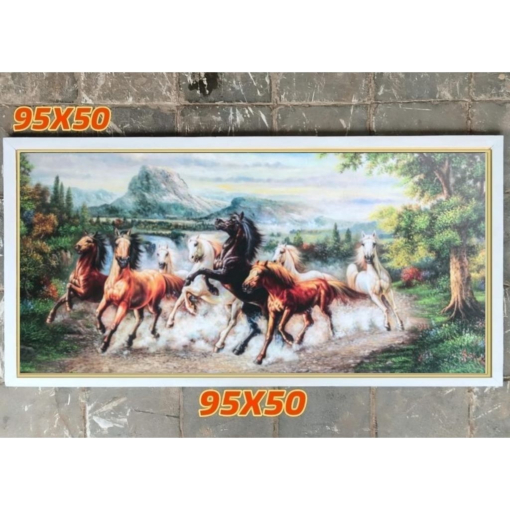 hiasan dinding lukisan cetak kuda 8 lari fengsui plus FIGURA ukuran 95*50