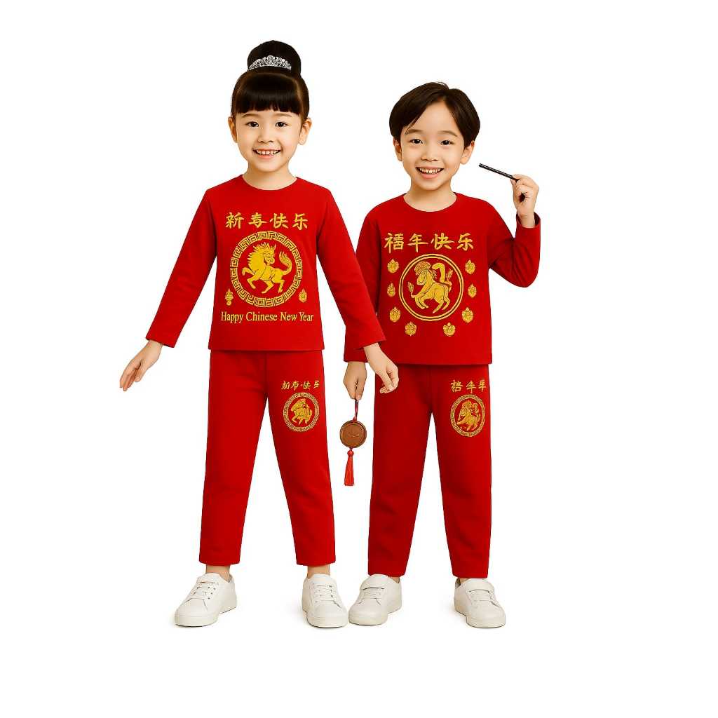 Baju imlek anak merah motif kuda usia 1 tahun sampai 10 tahun Baju setelan imlek unisex motif kuda