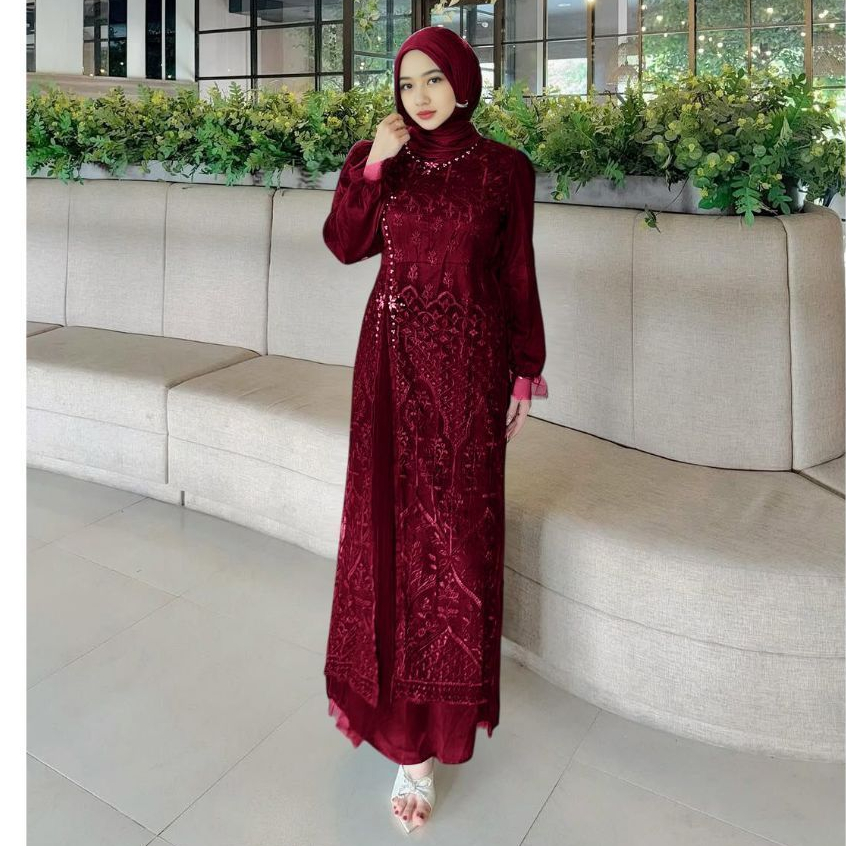 [𝐏𝐚𝐝𝐮 𝐃𝐫𝐞𝐬𝐬] Gamis Brokat Wanita Jumbo Warna Marun – Gamis Muslim Elegan untuk Pesta & Kondangan