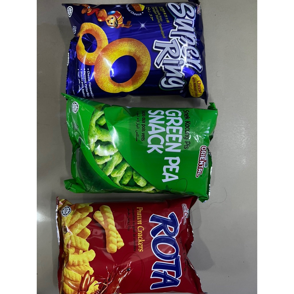 ORIENTAL SNACK CIKI MALAYSIA ROTA PRAWN CRACKERS/ GREEN PEA SNACK / SUPER RING CHEESE SNACK ENAK
