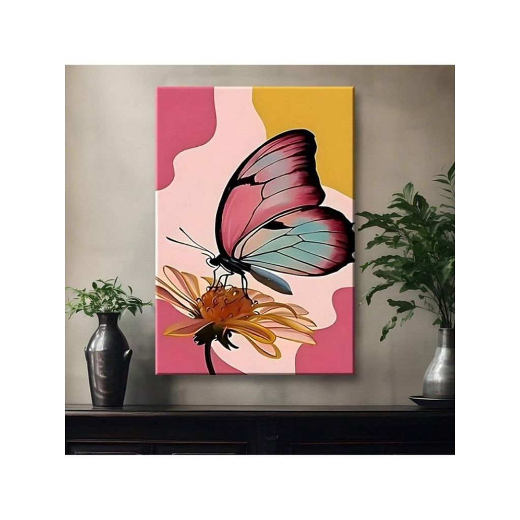 Lukisan Kanvas Abstrak Kupu-Kupu & Bunga | Lukisan Dinding Minimalis | Lukisan Tangan Ukuran Besar