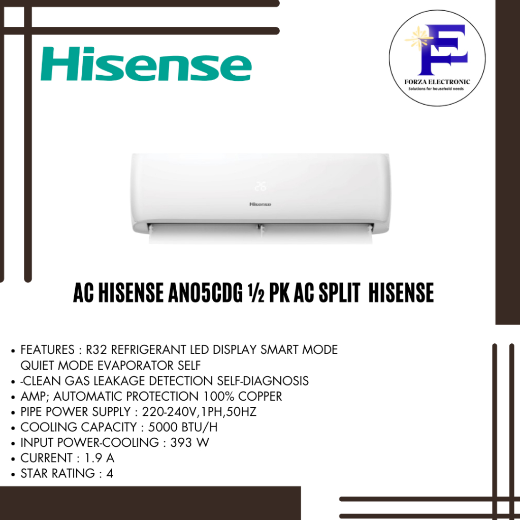 AC HISENSE AN05CDG + PASANG DAN ANTAR 1/2PK AC SPLIT HISENSE / HISENSE 0,5PK AN 05 CDG