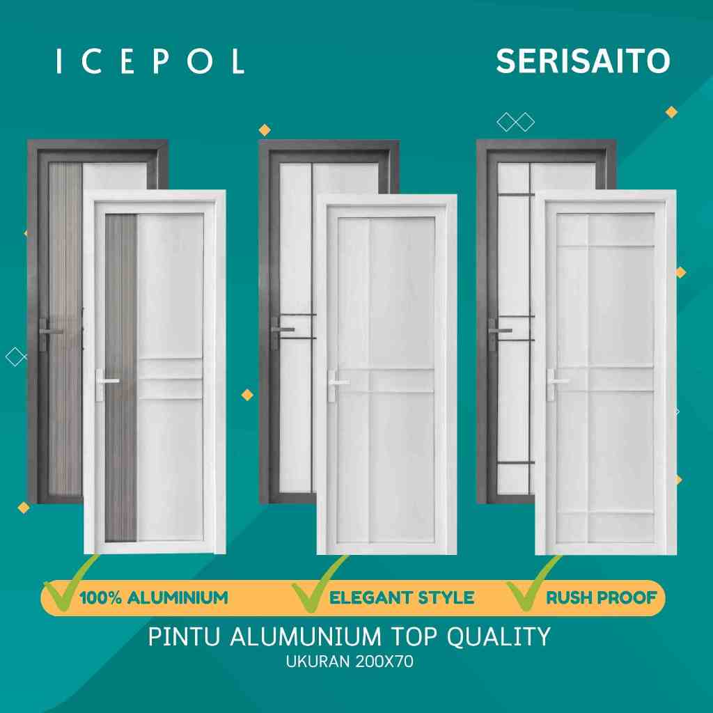 Pintu Kamar Mandi Aluminium Icepol 70x200 / Pintu Allumunium Full Set 70 x 200 / Pintu Kaca WC White