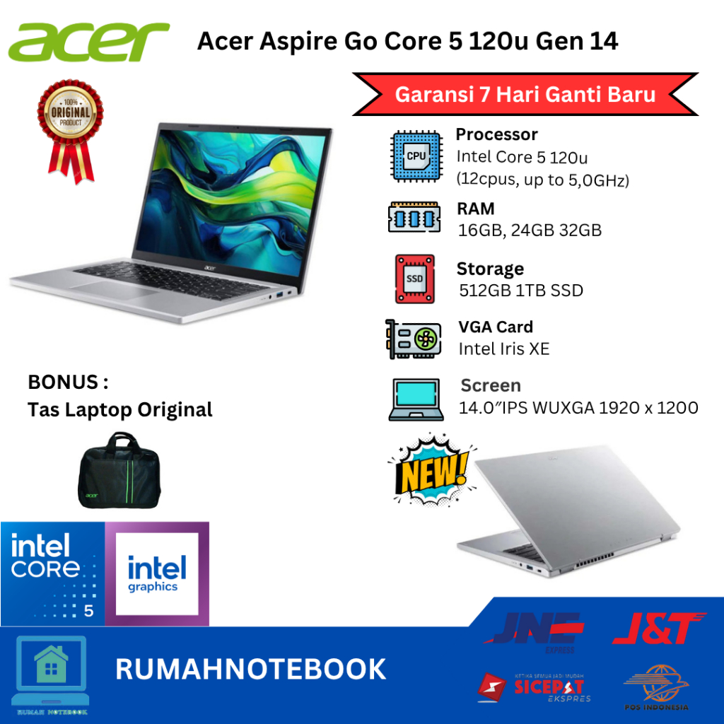 Laptop Baru ACER Aspire Go 14 Core 5 120u (Core i5 Gen14) 12 Cpu up to 5.0 Ghz  FHD IPS 14.0